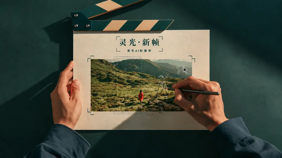 手持电影场记板与正在剪辑的取景画面,呈现「灵光·新帧——青年AI影像季」的创作现场